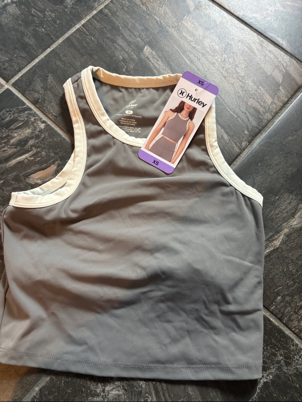 Hurley Gray Cropped Tank with Cream Trim